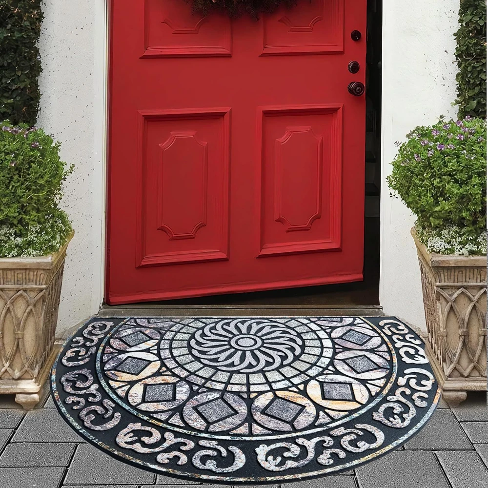 Dark Scroll Stone Mosaic Floral Semi Circle Doormat Non Slip Floor Mat for Front Door Entry Vintage European Home Decor