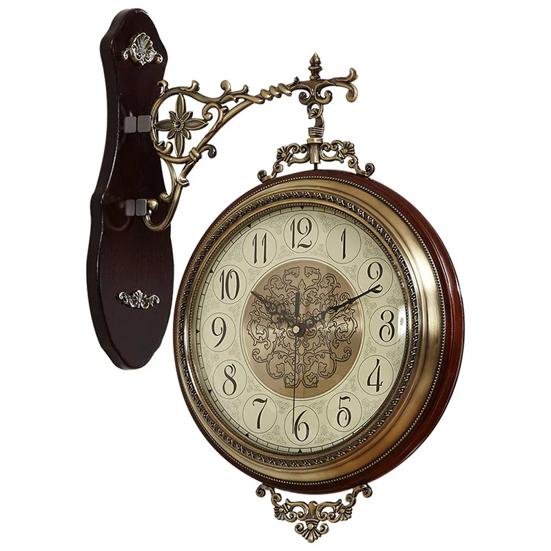 

Metal double-sided clock, living room, European wall clock, silent, solid wood, decorative