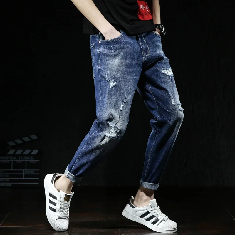 

Men Jeans Fashions Ripped Fit Denim Hip Hop Harem Plus Size 42 44 46 Scratched Summer Ankle Length Cotton Trousers Cowboy Pants