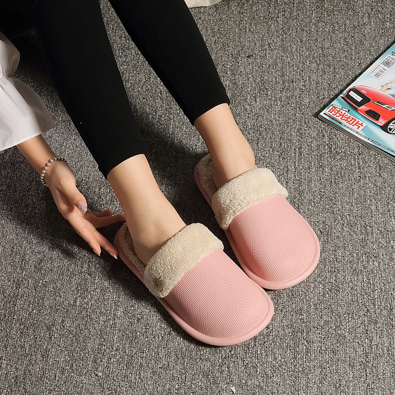 YISHEN Women Slippers Winter Waterproof Cotton Shoes Removable Fleece Lining Slides Home Bedroom Slippers Flats Slippers For Men