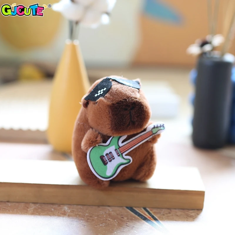 Cute Guitar Capybara Plush Toy Cartoon Guinea Pig Pendant Soft Stuffed Doll Backpack Keychain Bag Car Key Ring Decor Kid Gift