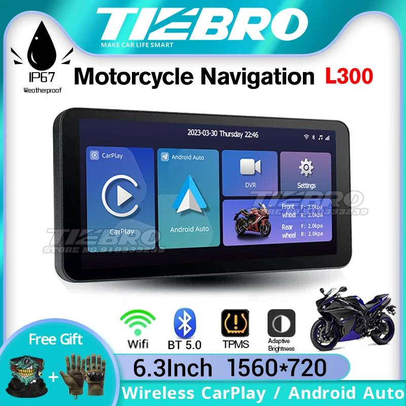 TIEBRO L300 Motorcycle Screen Carplay Moto Navigation Waterproof Screen Portable Motorcycle Wireless Android Auto Monitor GPS