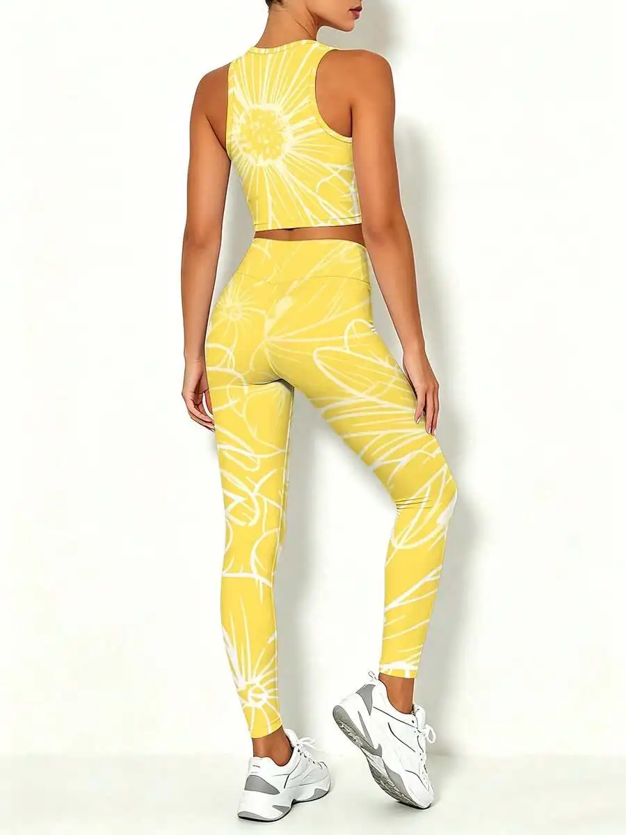 

2pcs Women Yoga Set Breathable High-Waisted Leggings And Cropped Sleeveless Top All Over Print Sportswear