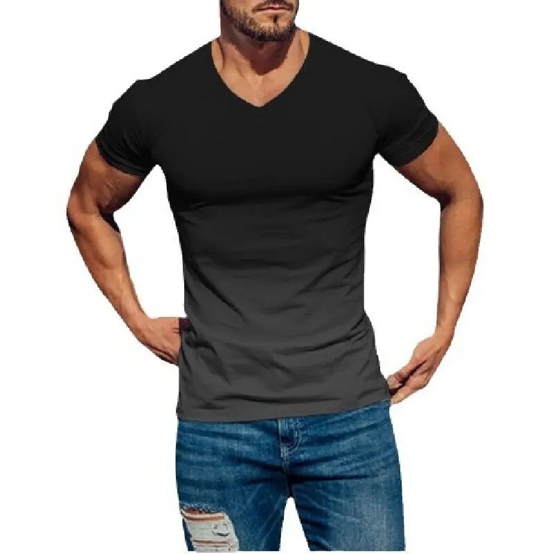 European and American 2024 Summer New Men's Top Gradient 3D Digital Printed Men's Slimming V-neck Short sleeved T-shirt