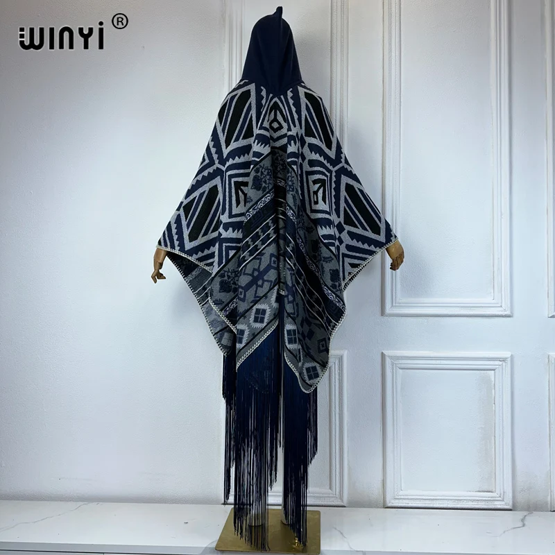 WINYI-Cardigan d'hiver africain pour femme, robe de soirée, cape féminine, manteau ouvert sur le devant, poncho à imprimé géométrique et pompons, 550