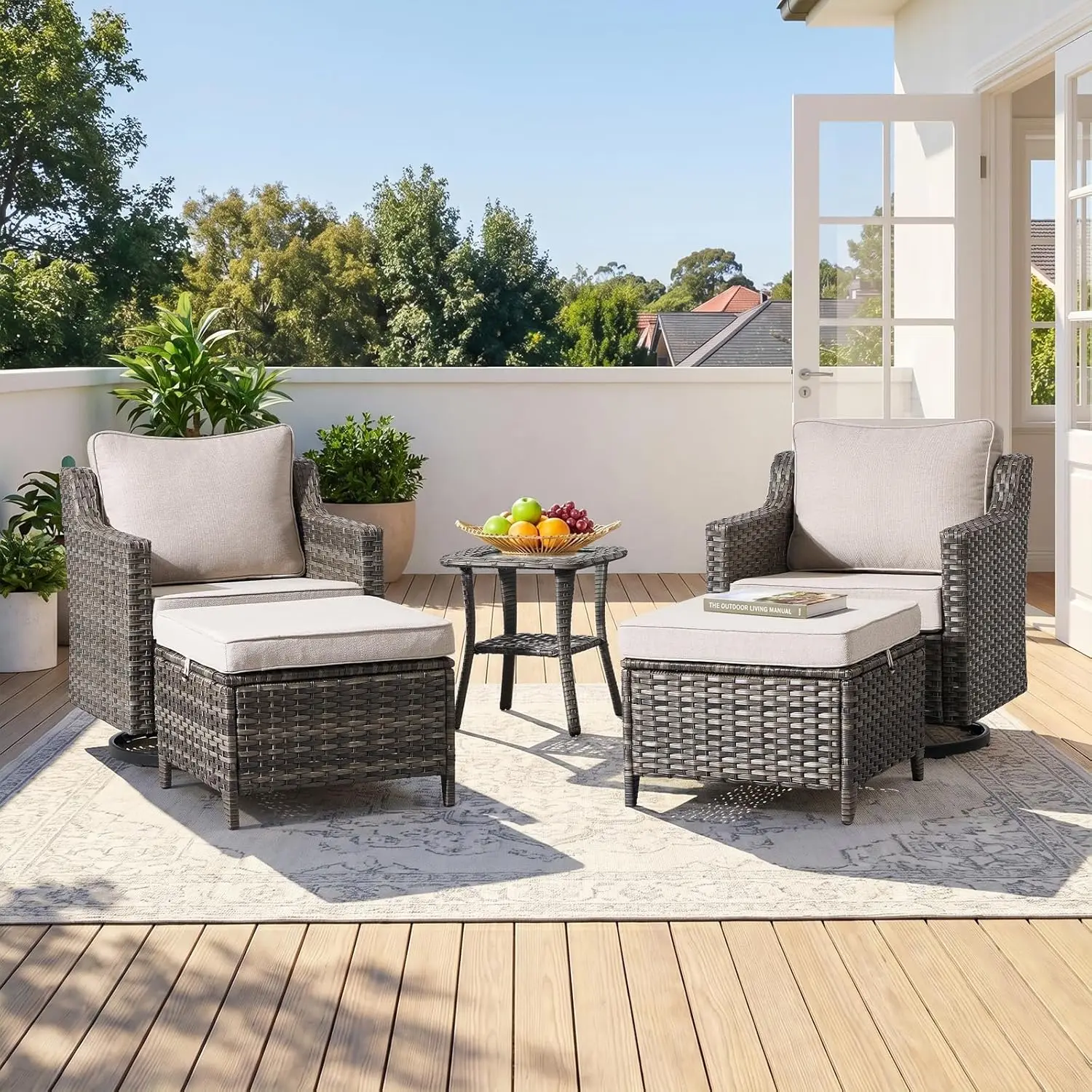 

Outdoor Furniture Set Of 5, Patio Furniture Set With Wicker Swivel Rocker Chairs, Ottomans And Side Table, High, Customized