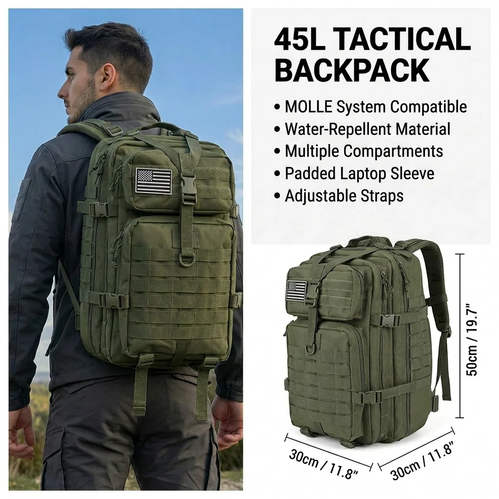 Men 45L Tactical Hiking Backpack Molle Mountaineering Water Resistant Outdoor Camping Trekking Backpacking Bushcraft Travel Rucksack Bug Out Bag Survival Emergency Large Capacity Climbing Cycling Daypack Women Durable Wear Resistant Trail Camp Hikers