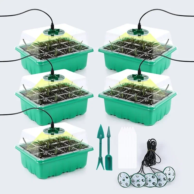 5PCS Seed Starter Tray Box with LED Grow Light Nursery Pot Seedling Germination Planter Adjustable Ventilation Humidity 12Cell