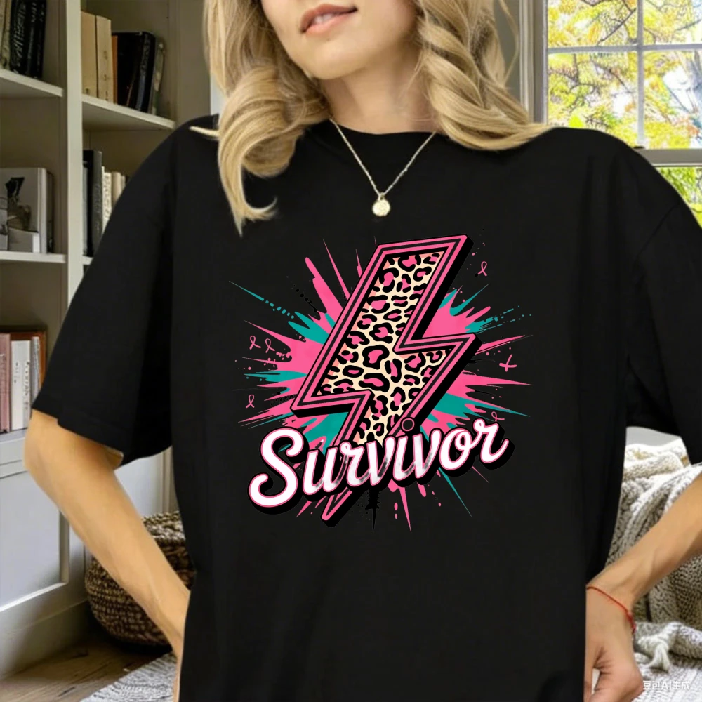 Bold Survivor Leopard Print Lightning Bolt Digital Breast Cancer Awareness Pink Ribbon Designed T-shirt Empowering Graphic Gift