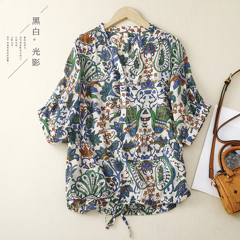 

Ethnic Style Printed 3/4 Sleeve Shirt New Summer Lightweight Breathable Loose Fitting Top Cotton Linen Blouse