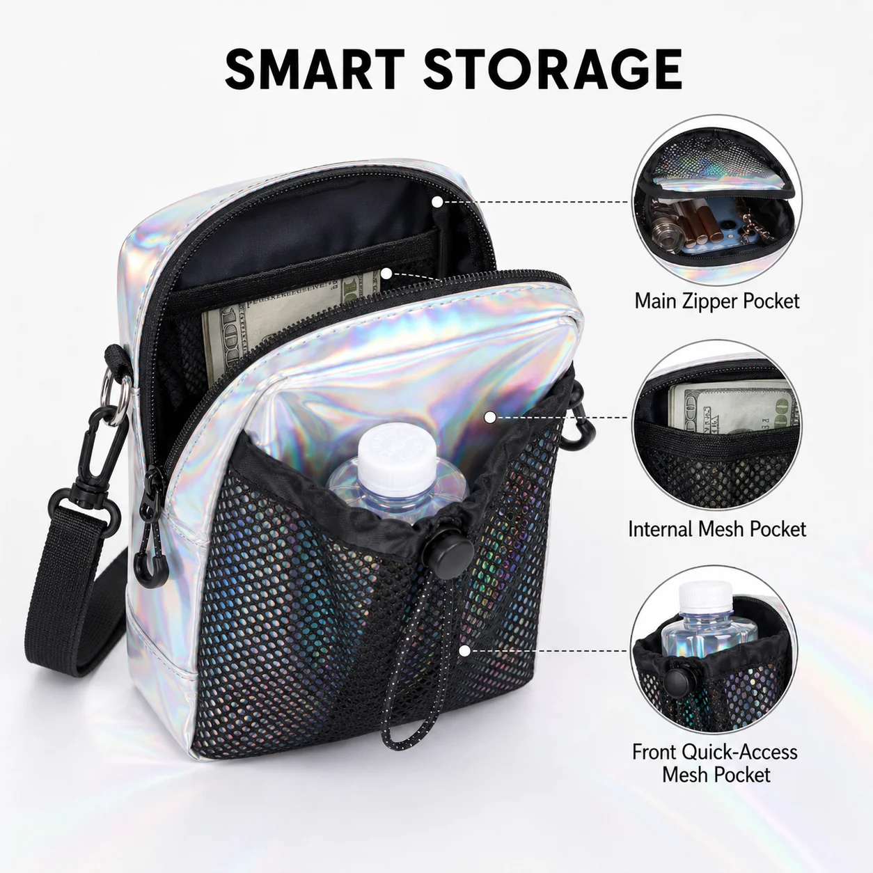 Holographic Crossbody Phone Bag for Women, Mini Cell Phone Purse with Mesh Pocket and Adjustable Shoulder Strap view 4