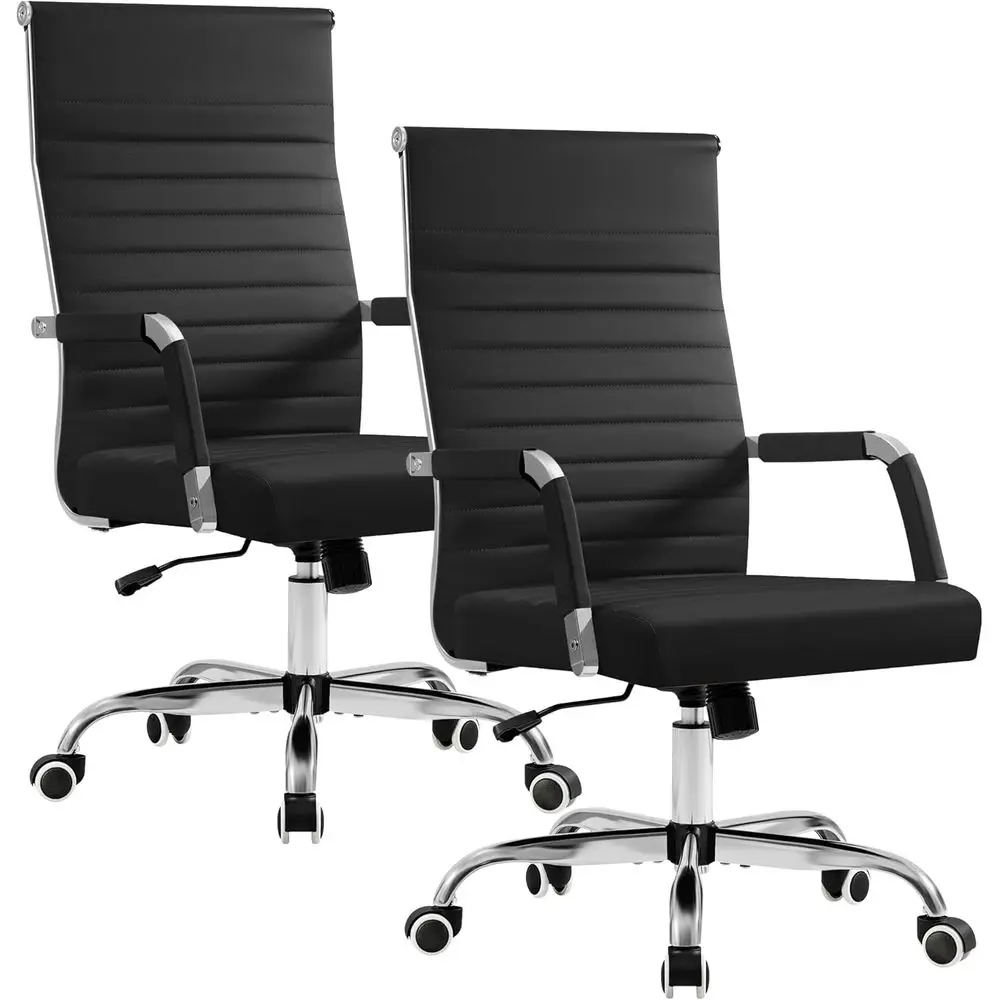 Ergonomic Oice Desk Chair, Executive Ribbed -Back PU Leather Conerence Room Chair Adjustable Swivel Chair with Arms (2 pcs, Blac