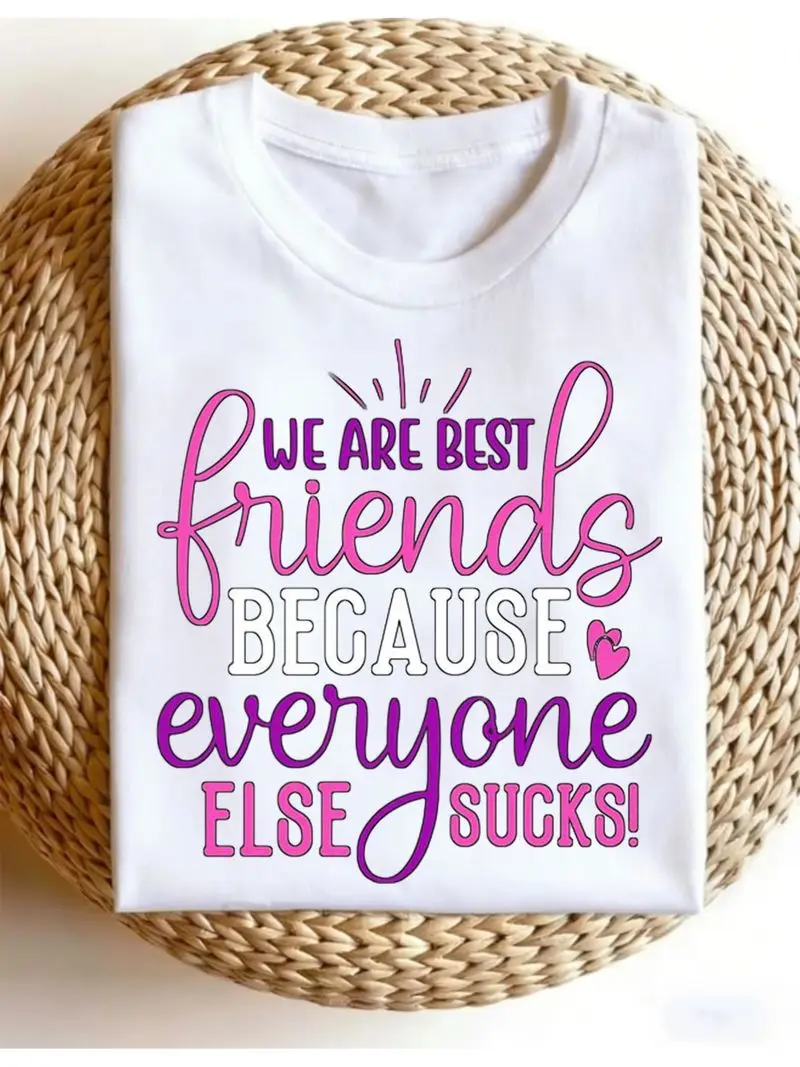 PC Best Friends Quote Casual Bffs Events Tee - Round Neck Short Sleeve Fashionable Top, Elegant Party Attire for Christmas, Valentine'S Day, New Year, Autumn Clothing, Women'S Versatile Casual Top