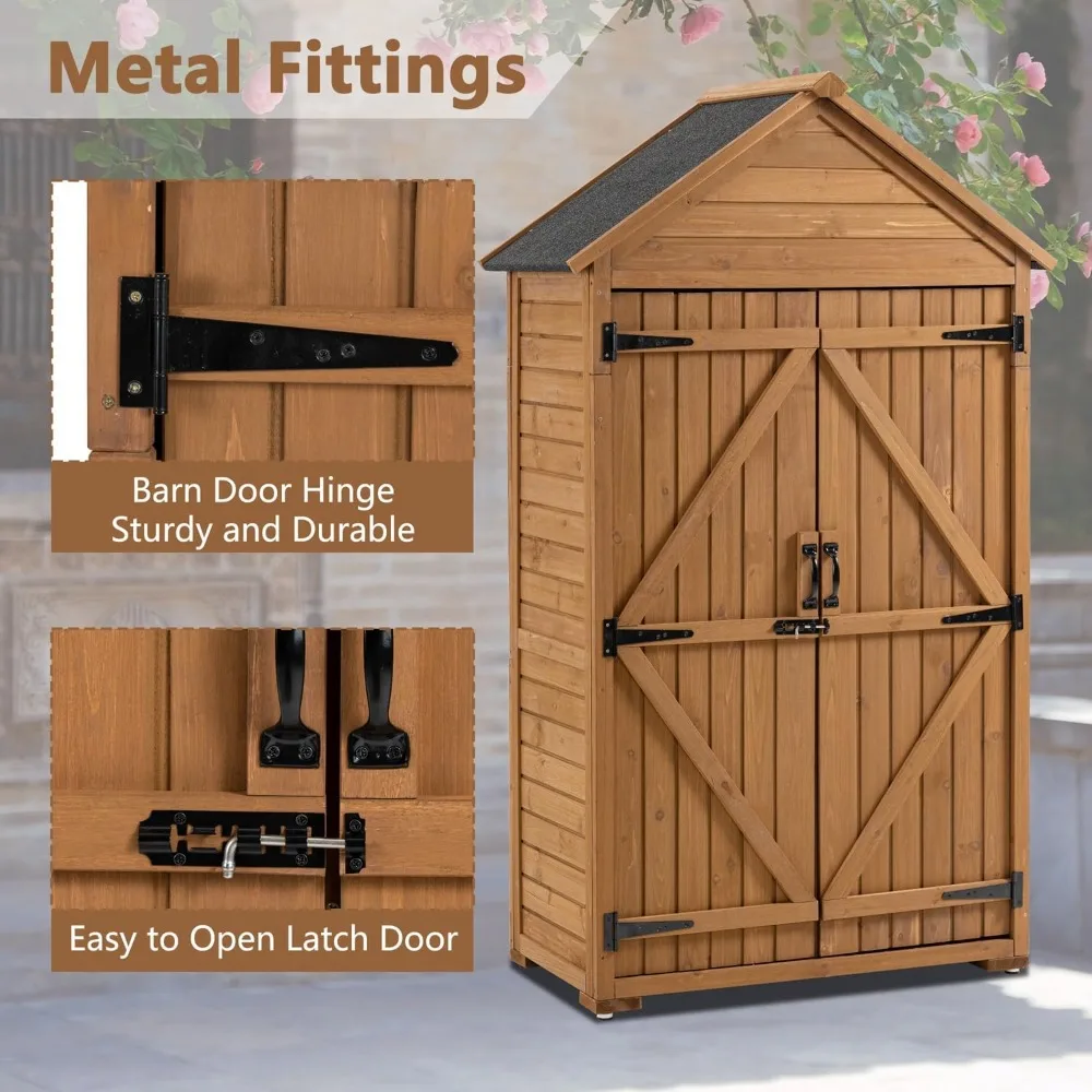 Outdoor Wooden Storage Cabinet, Garden Wood Tool Shed, Outside Wooden Shed Closet with 3 Detachable Shelves, Waterproof Roof