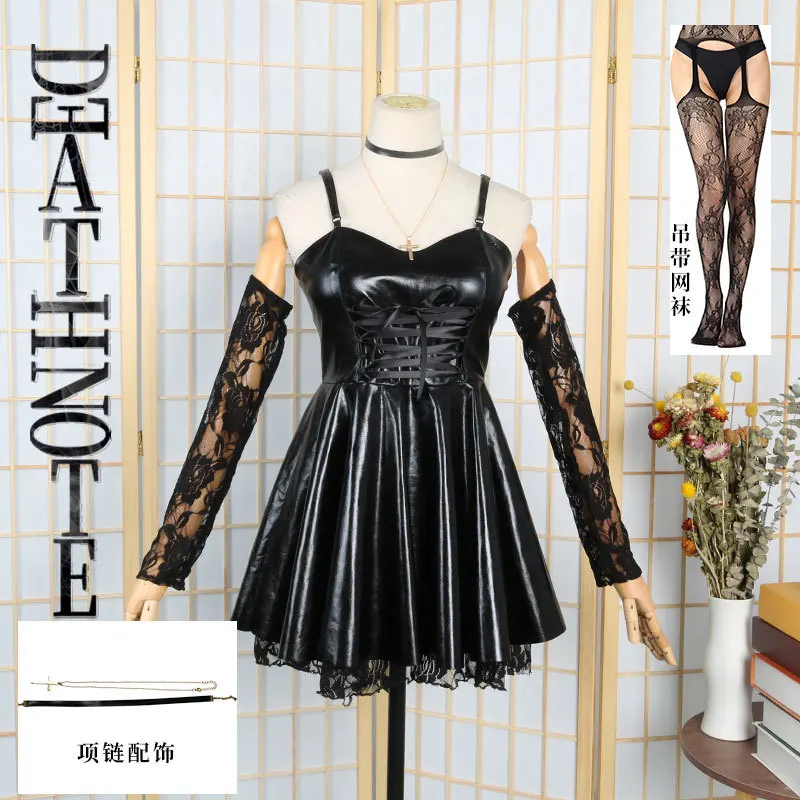 Misa Amane Cosplay Costume Wig Imitation Leather Sexy Dress Necklace Lace Sleeves Stockings Women Uniforms Anime Outfits