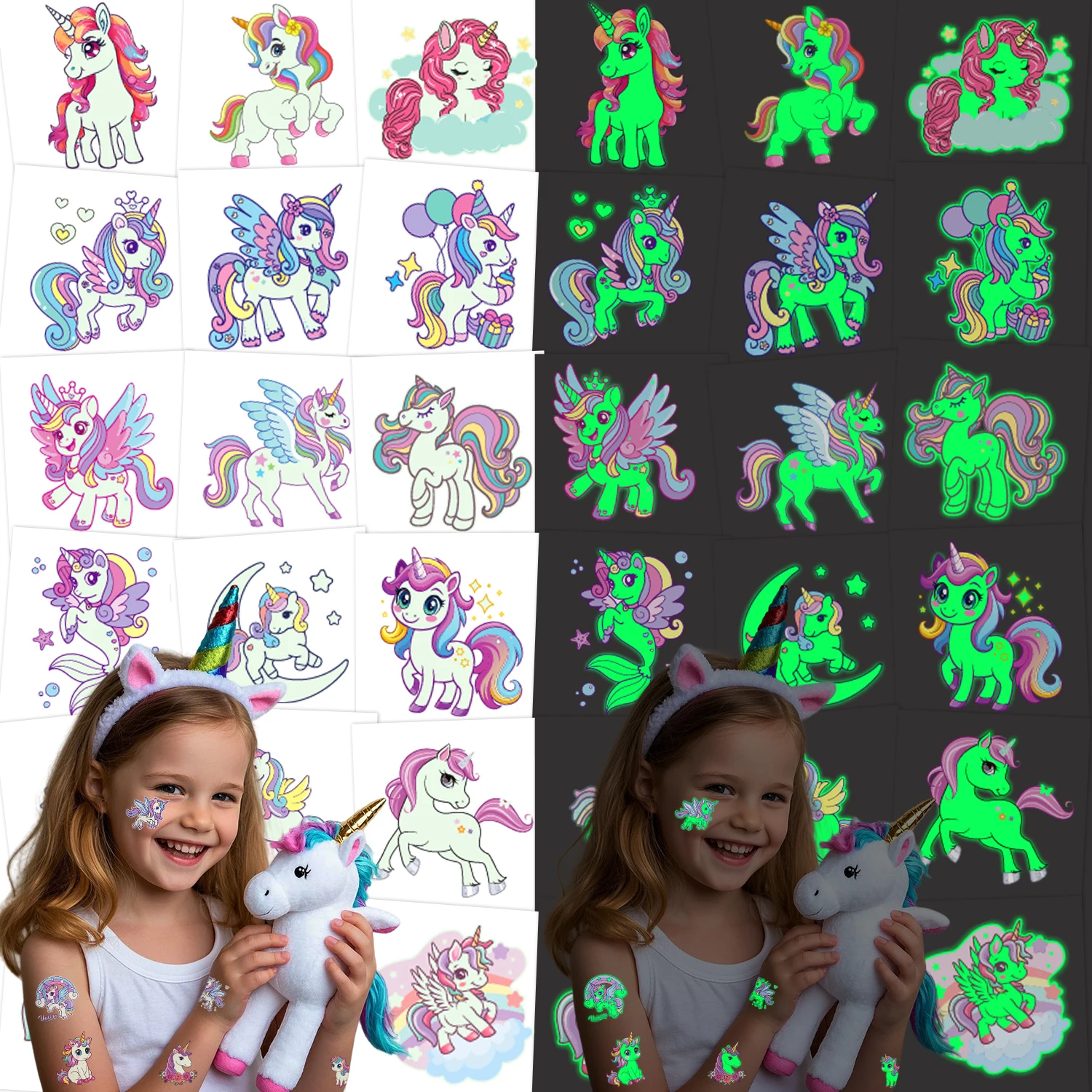 10pcs Glow-in-the-Dark Unicorn Temporary Tattoos - Rainbow Unicorn Party Favors with Stars, Clouds & Hearts