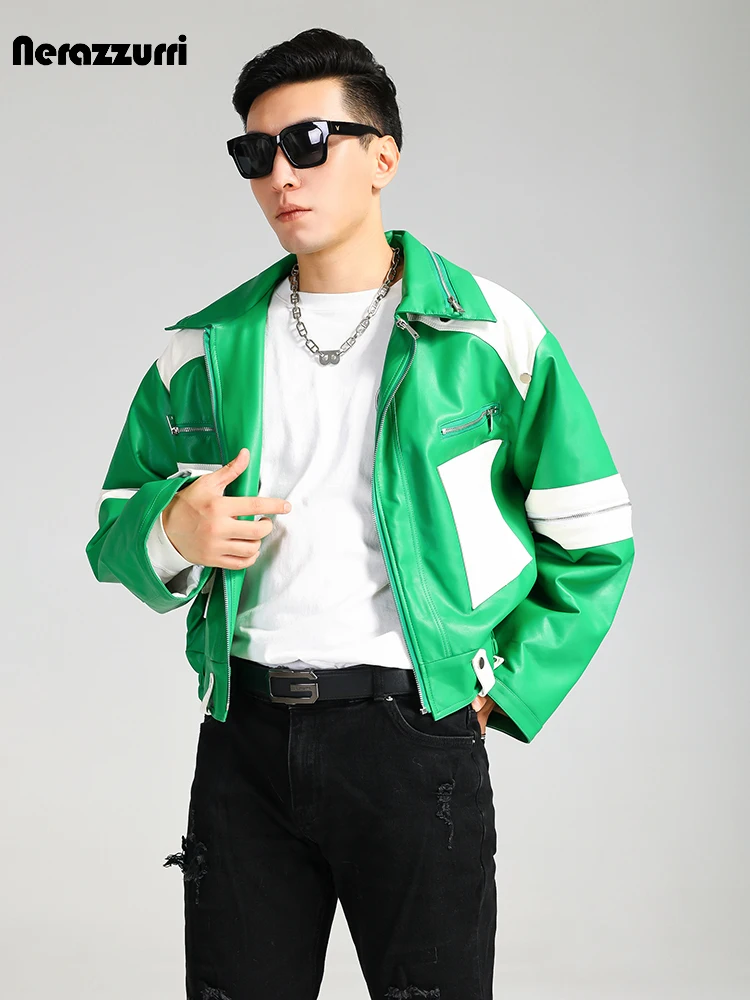 Nerazzurri Autumn Winter Cool Handsome Short Oversized Green and White Color Block Pu Leather Jacket Men Zipper Runway Fashion