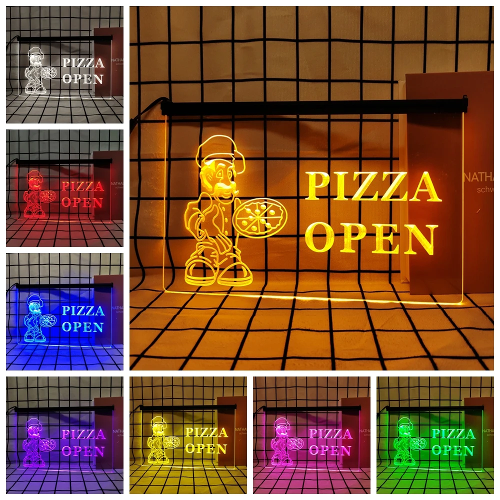 OPEN Pizza Shop Retro LED Neon Sign Home Decor with Vintage Plaques and Posters for Room Office Farmhouse