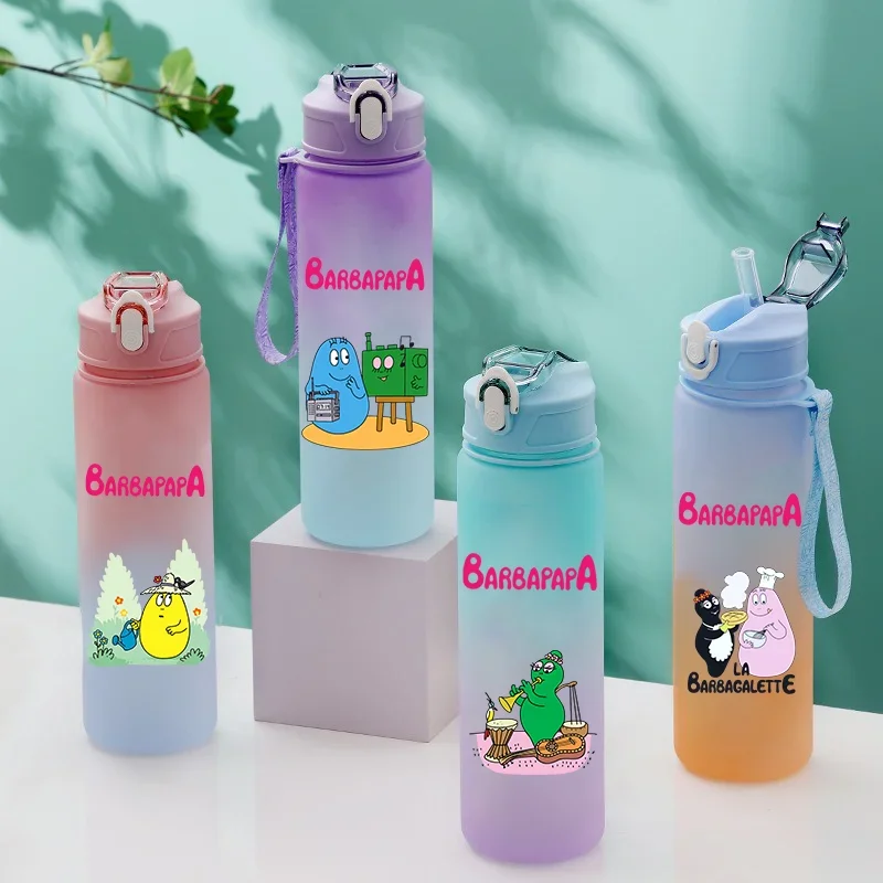 750ML Barbapapa Cartoon Gradient Water Bottle Portable Sports Plastic Water Bottle Student Outdoor Travel Leak Proof Water Cup