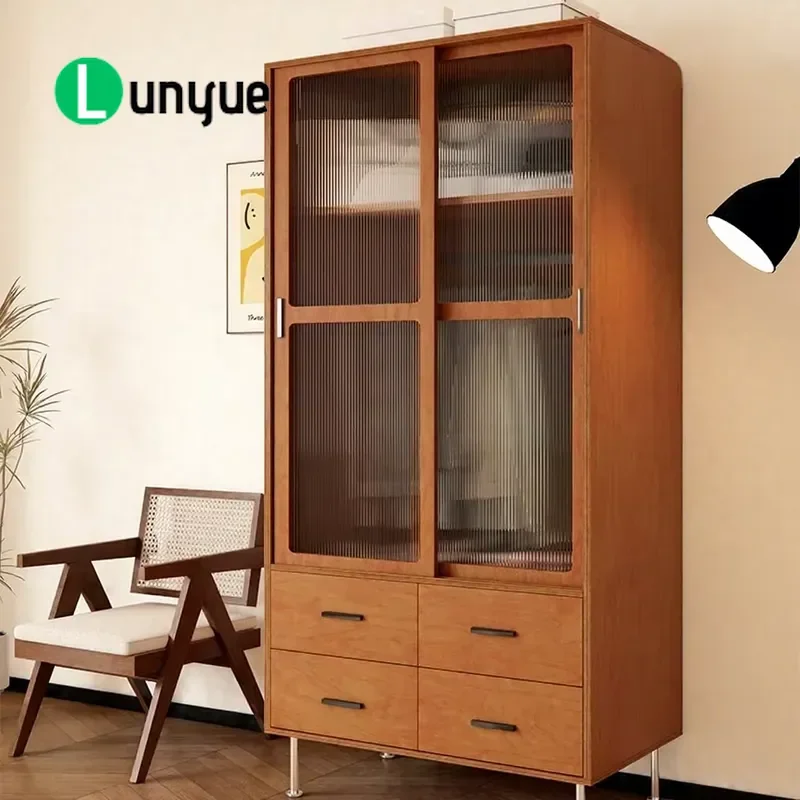 Japanese Modern Simple Children Wardrobe with Ocean Panel Sliding Door Changhong Glass Home Bedroom Storage Furniture
