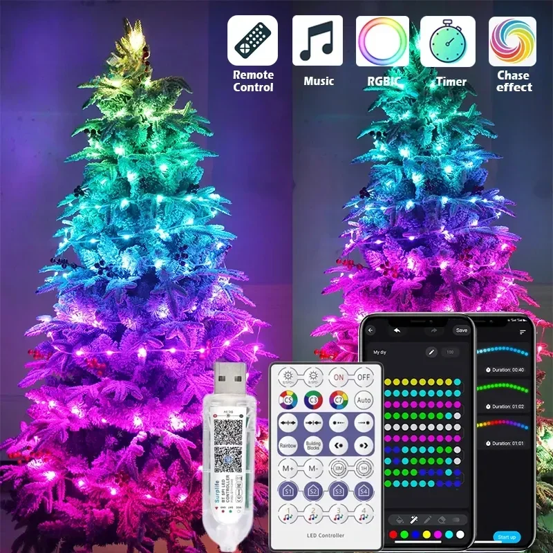 Smart Christmas Tree Lights WS2812B Fairy String Lights with APP & Remote Control Music Sync LED String Lights Bluetooth Garland