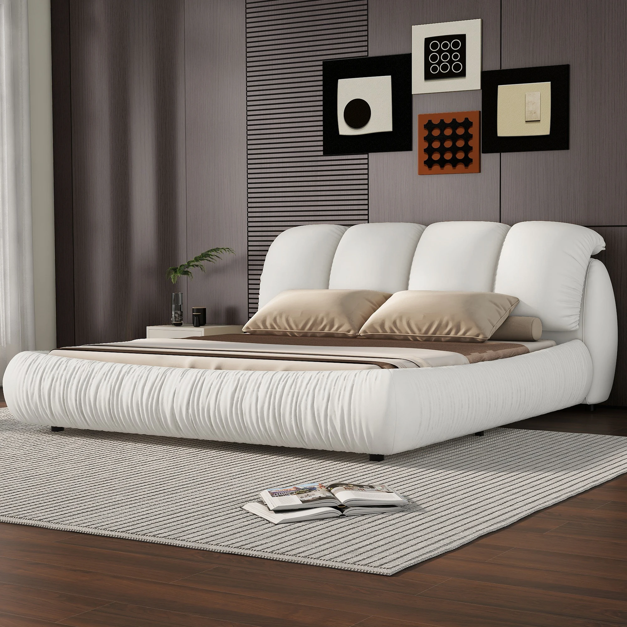 Queen Size Luxury Upholstered Bed With Thick Headboard, Leather, White  94.50x67.70x40.20 in.