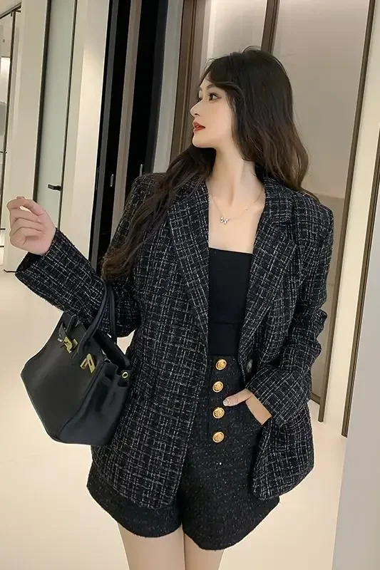 Tweed Oversize Blazer Women\'s Autumn Winter High-end Loose Elegant Woven Black Suit Jacket Female Office Lady Top High Quality