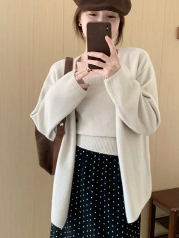 

Korean Sle Soft Knitted Loose Cardigan Women's Tank Top Two-Piece Set Autumn Winter New Gentle Age-Defng Sweater