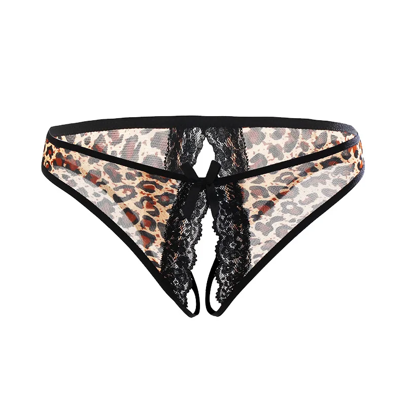 Plus Size Women Sexy Lingerie Panties Leopard Open Crotch Thong for Sex Porn Lace Underwear Crotchless G-string with Bowknot