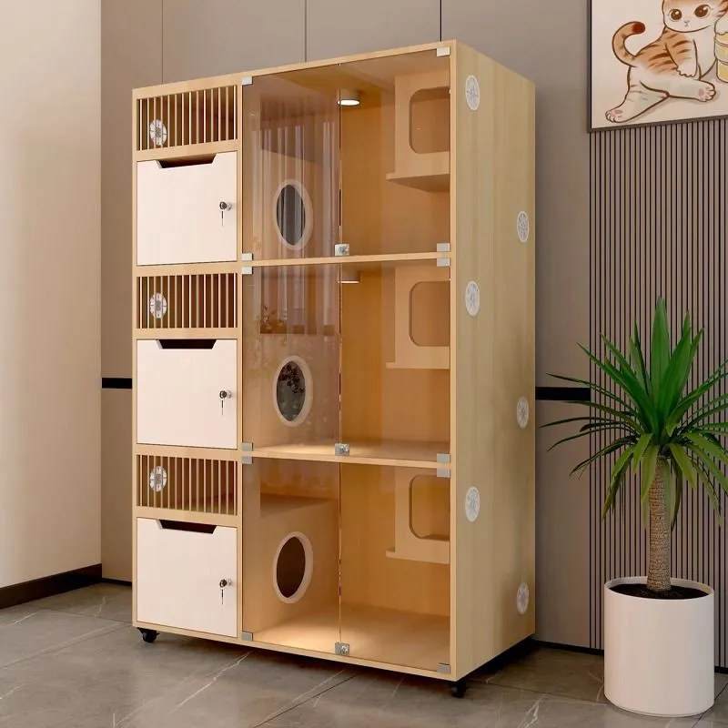 

Cat villa solid wood cage glass cabinet pet house home display large custom foster three-layer
