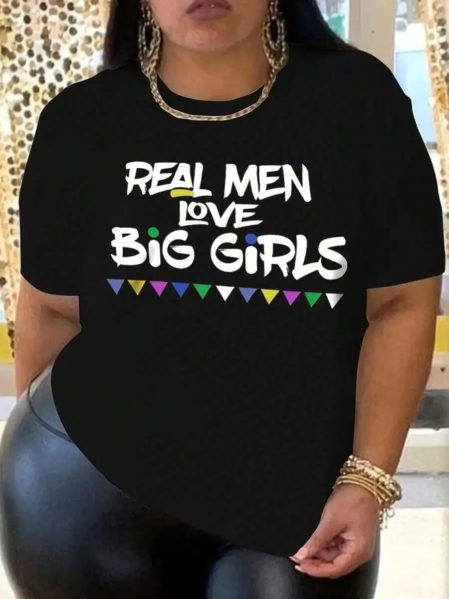 

Womens Plus Size Casual T-Shirt With Letter Print Round Neck Short Sleeve