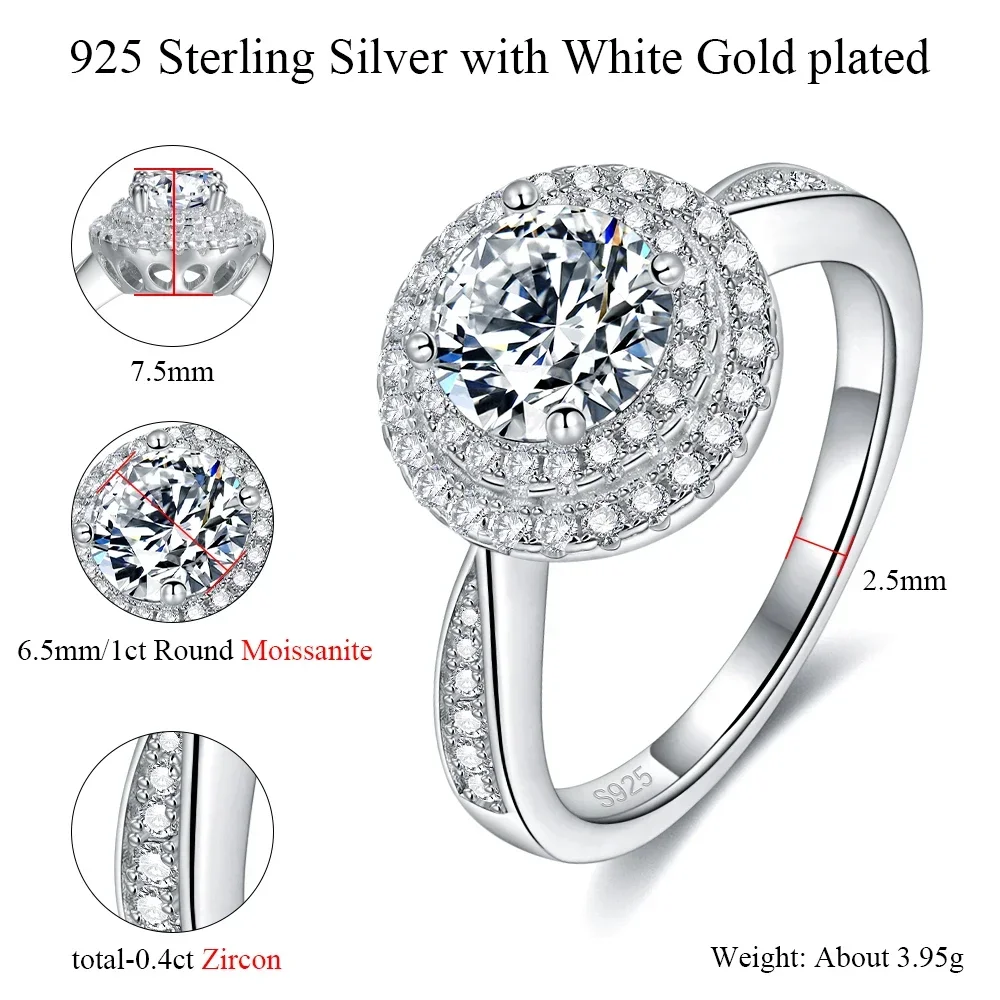 LinkerLove Dual Halo Round Moissanite Solitaire Ring S925 Sterling Silver 1CT Diamond Engagement Ring for Womens Fine Jewelry