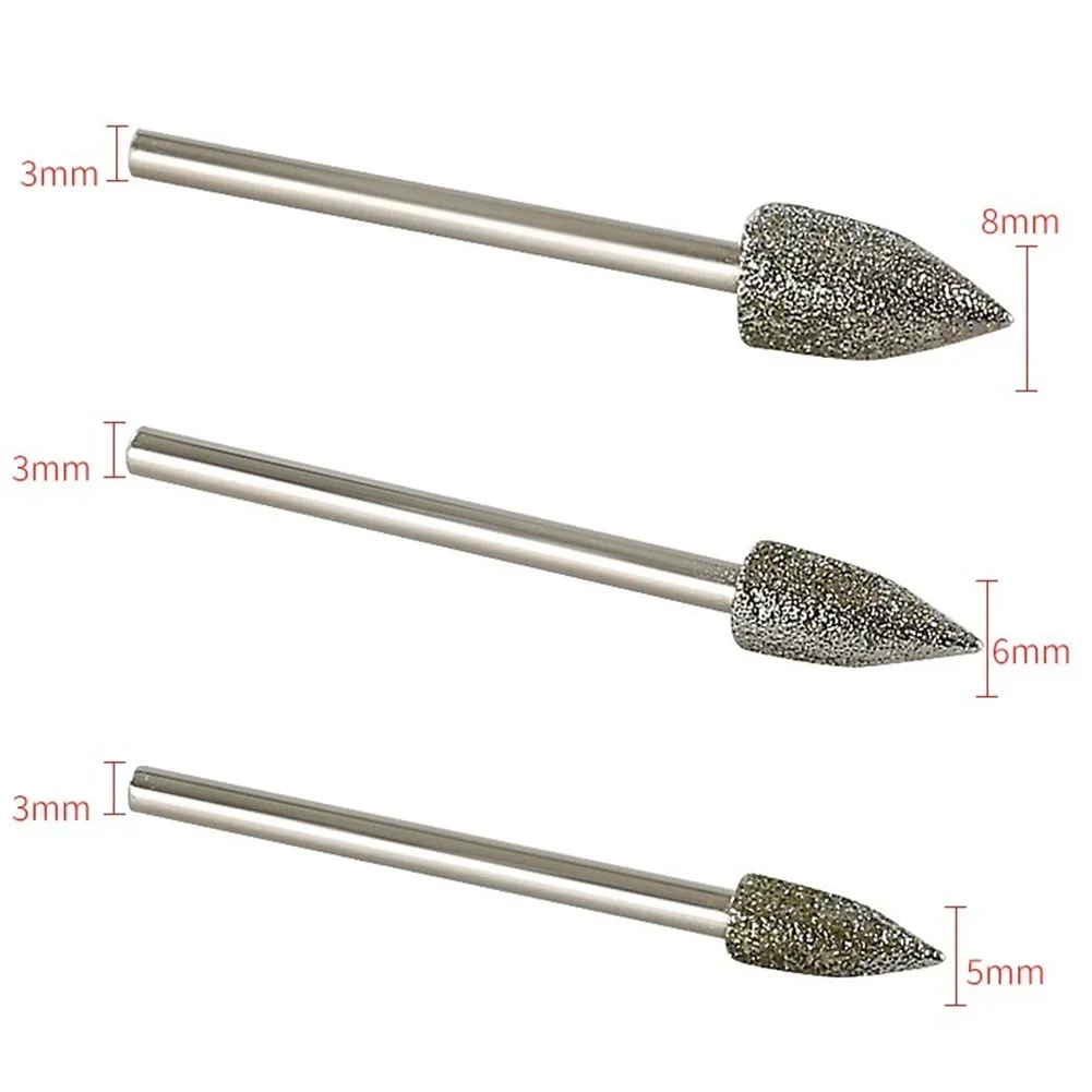 2pcs 3mm Shank Diamond Grinding Head Mounted Bit Burrs Diamond Grinding Wheel For Jade Metal Stone Rotary Tool Access 5/6/8mm