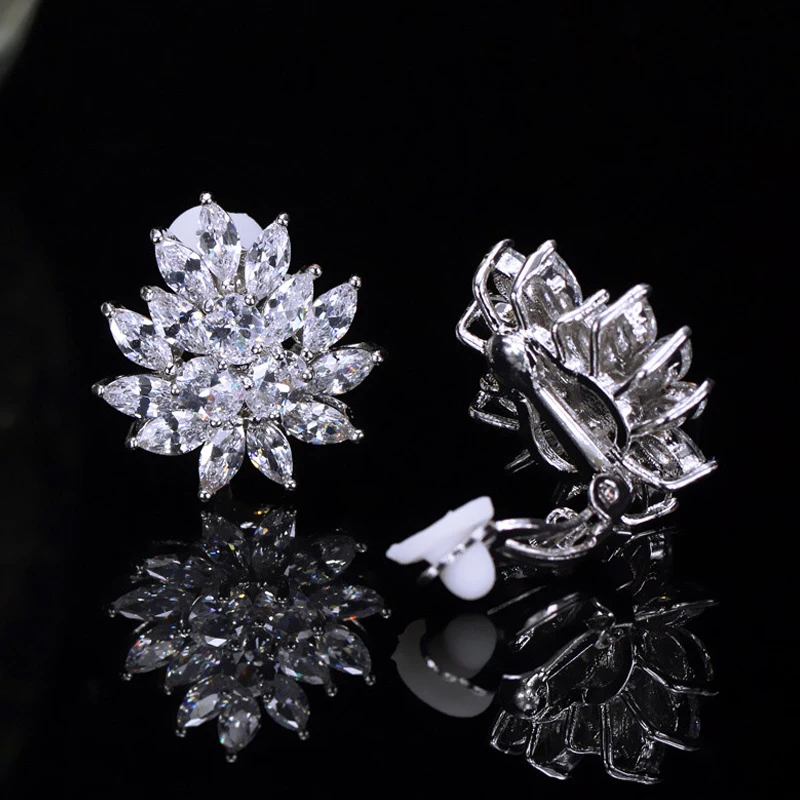 ThreeGraces Shiny Cubic Zirconia Elegant BIg Flower Clip On Earrings for Women Fashion Wedding Bridal Party Jewelry EJ53