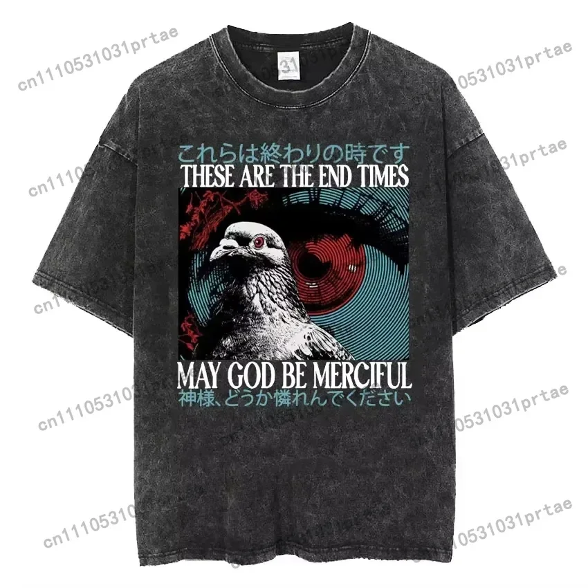Japanese Vintage Funny I Alone Pigeon Meme Unisex Fashion Harajuku Washed T Shirts Men Oversized Tops T-shirt Streetwear Black