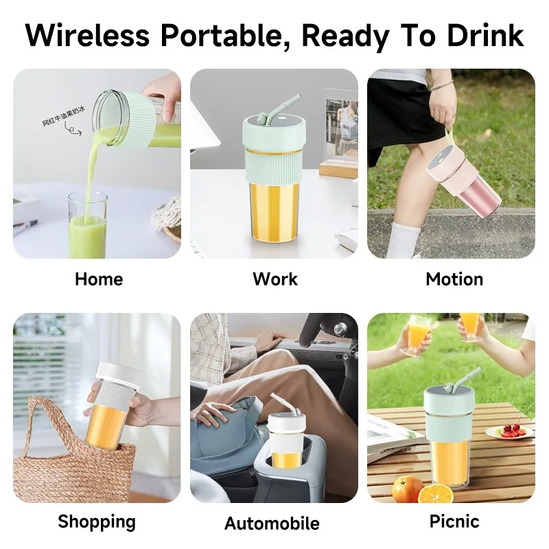 Electric Fruit Juicer Wireless Blender Juice Mixer Portable Juicer with Straw Household USB Charging 6 Blade Gift Juice Cup