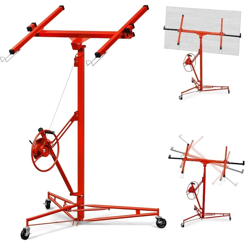 16FT Drywall Lift Sheetrock Lift, 150LBS Capacity, Drywall Lift Panel Hoist with Telescopic Arm and 3 Lockable Wheels,Red