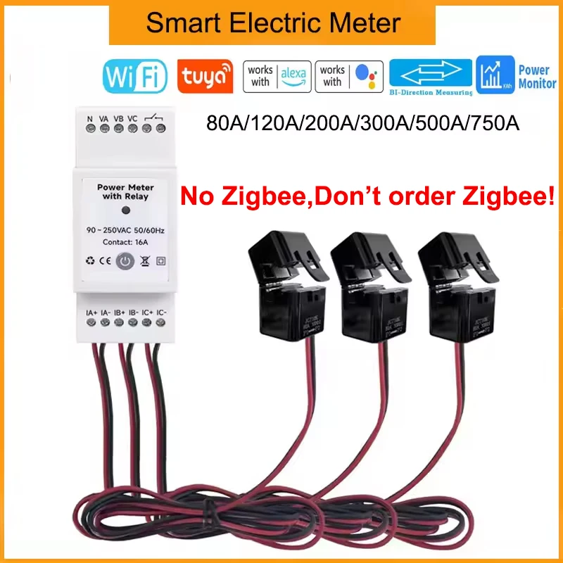 Tuya WiFi 3-Phasen-Stromzähler 80A/120A/200A/300A/500A Bidirektionale Energie KWH