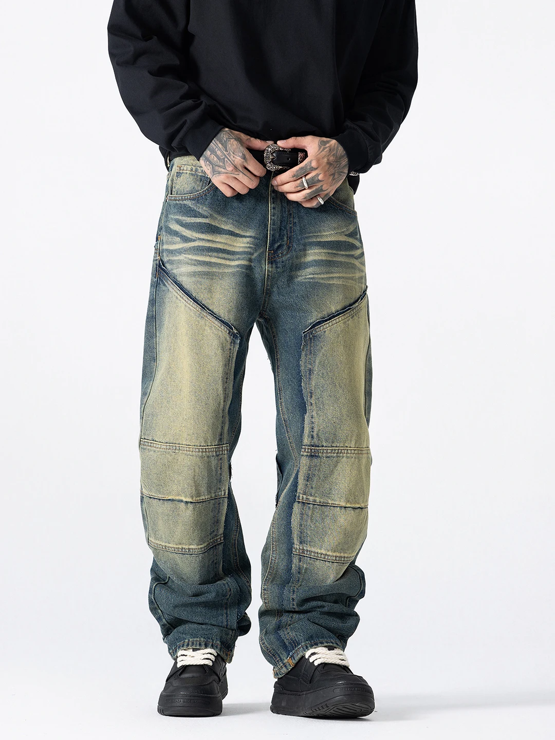 

Мужские джинсы премиум-класса в винтажном стиле с пэчворком, повседневные, свободного прямого кроя, со средней посадкой, на молнии, из износостойкого денима