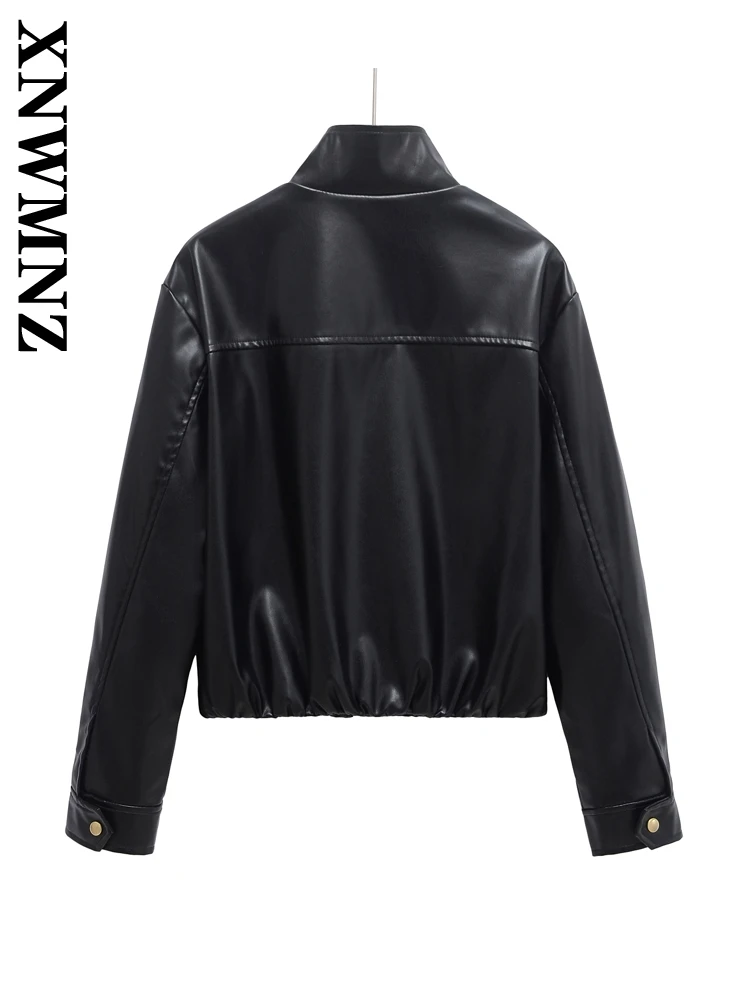 XNWMNZ 2024 Autumn Woman Hipster Long Sleeve Faux Leather Top Outerwear Party Woman's Stand Collar Coat zipper Leather Jacket