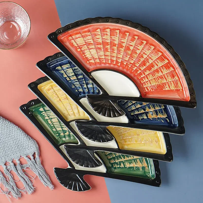 Dumpling plate with vinegar dish creative ceramic partition plate Japanese hand-painted sushi plate fan-shaped snack