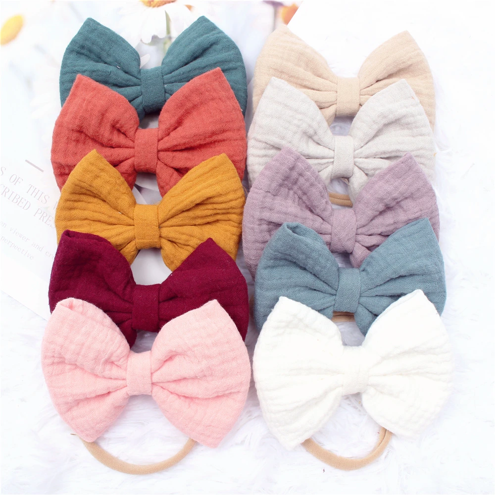 Baby Hair Accessories Head Bands Kids Girls Bow Hairband Muslin Nylon Elastic Headwear Newborn Solid Color Decoration Photo Prop