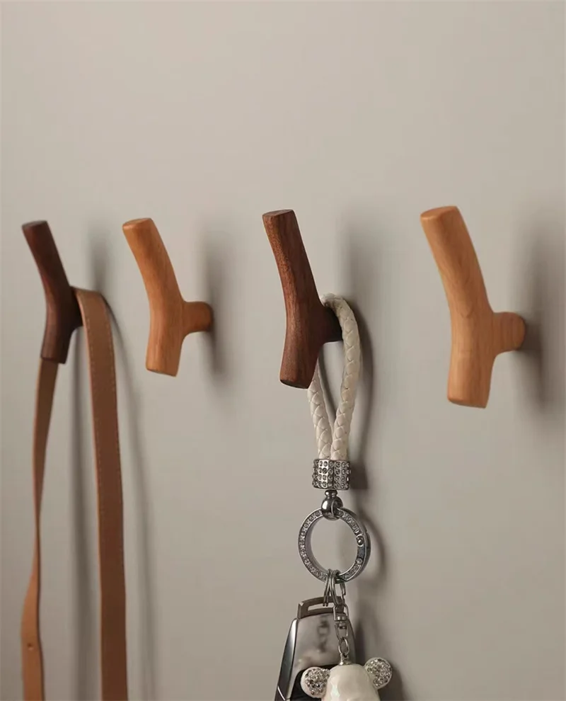 Drilling/No Drilling Branch Shape Wooden Wall Mounted Hooks Key Hat Coat Clothes Hanger Storage Rack Behind Door Hooks