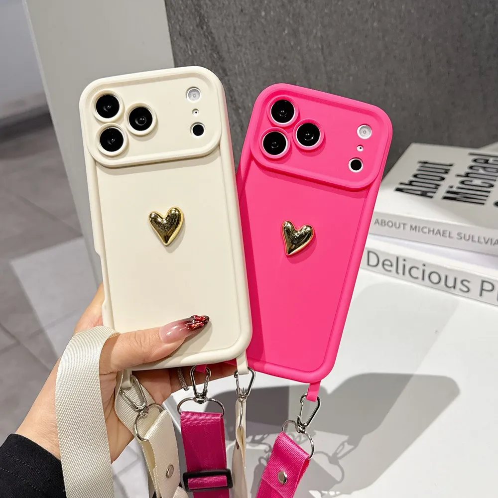 Coque Souple 3D Cœur Doré pour iPhone 17 16 15 14 Plus 13 12 11 Pro Max avec Cordon Bandoulière