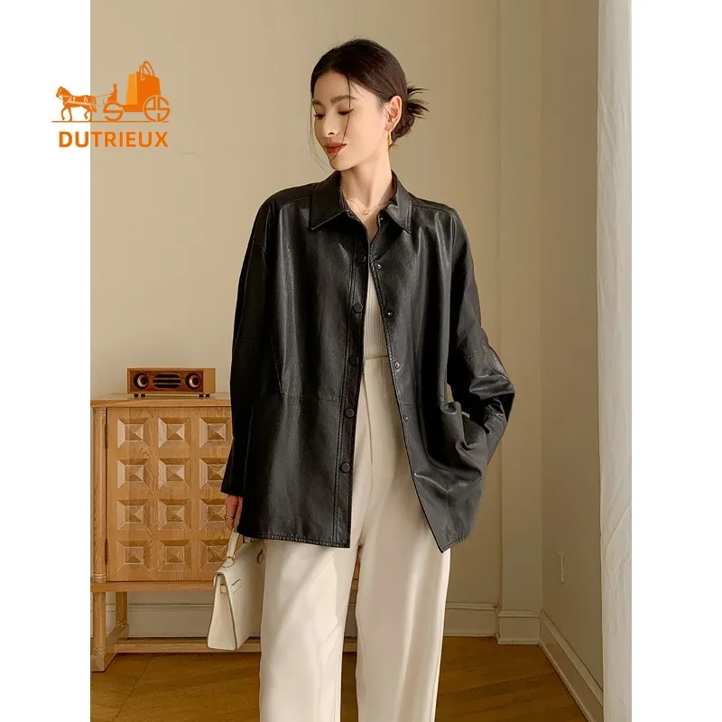 Veste en cuir véritable de Style chemise à revers à simple boutonnage, 100% peau de mouton véritable, manteau ample et décontracté pour femmes, automne et hiver