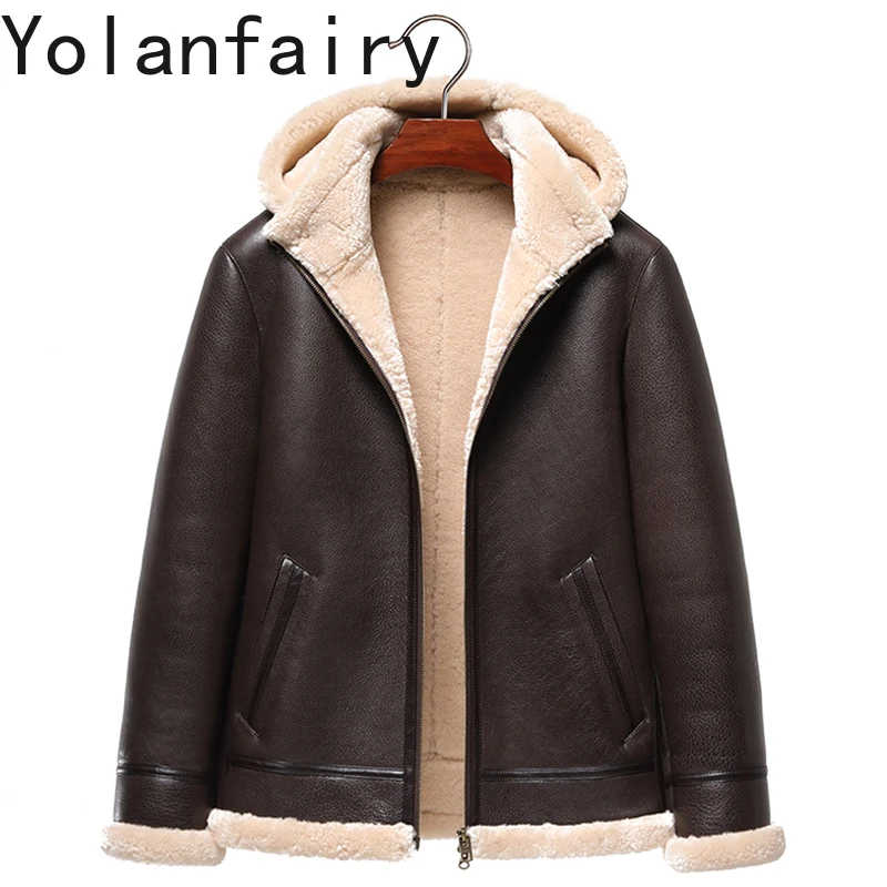 Original Natural Leather and Fur Coat Men's Winter Leather Jacket Detachable Hat Lamb Wool B3 Casual Hooded Short Jackets Male F