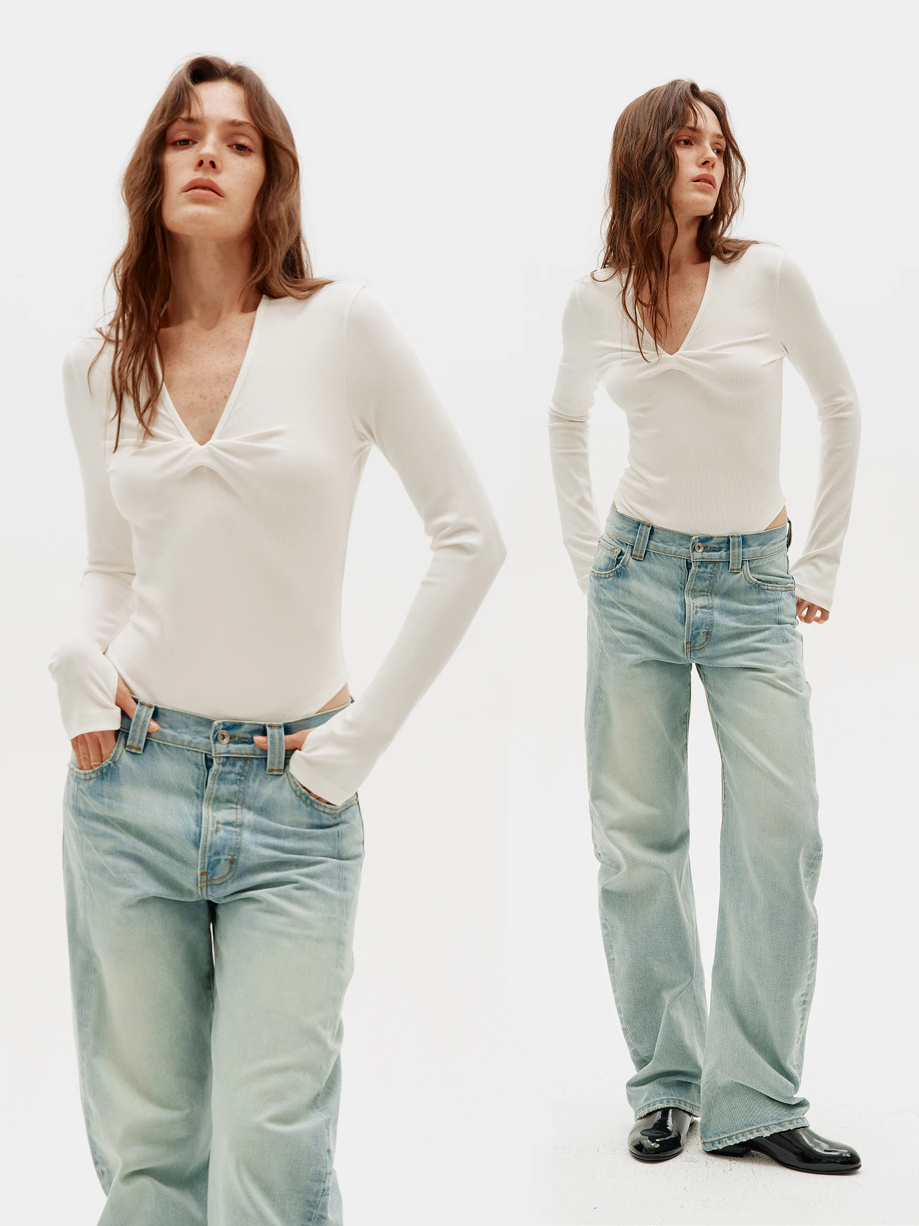 

Женская модная футболка Slim Fit с длинным рукавом из модала, с глубоким V-образным вырезом, весенняя коллекция, от китайского производителя