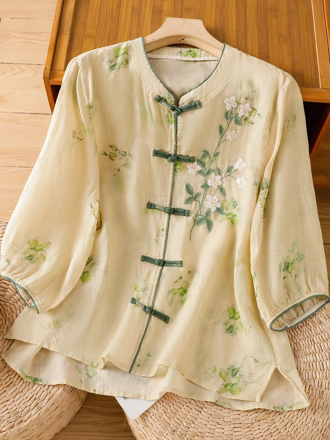 

Elegant Embroidered Cotton Linen Shirt Women's Summer New Chinese Style Button up Top Bottoms Two Piece Set Retro Commute