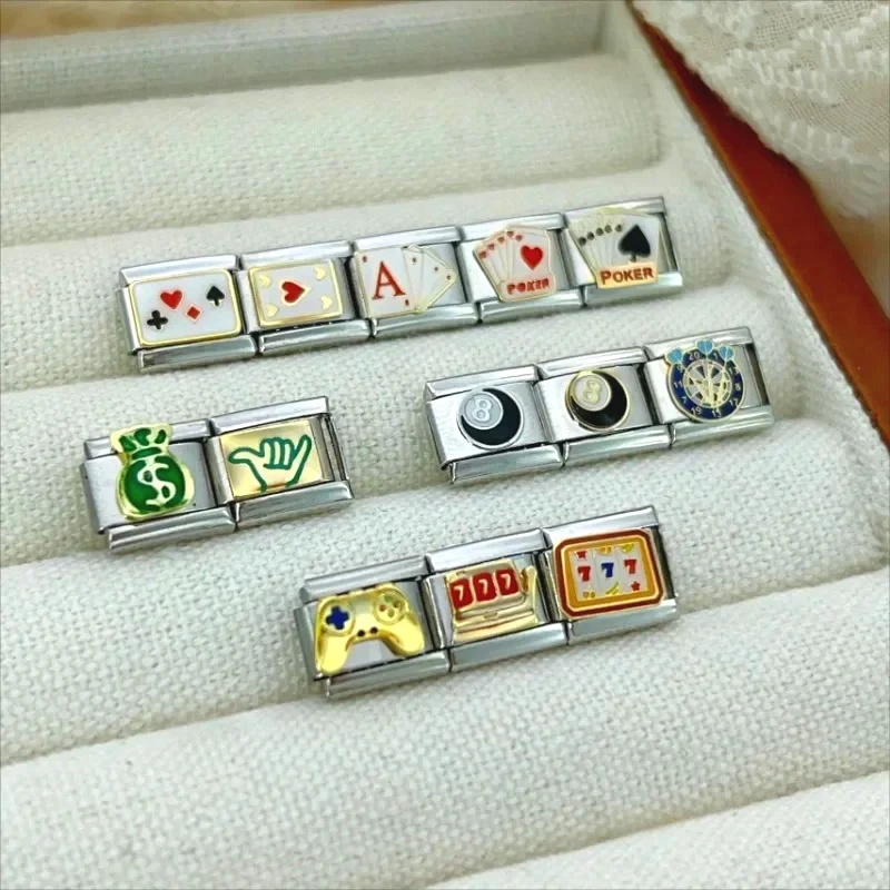 2025 Women Fashion Chess and Card Modular Italian Charms Links Fit 9mm Stainless Steel Elastic Bracelet DIY Making Jewelry