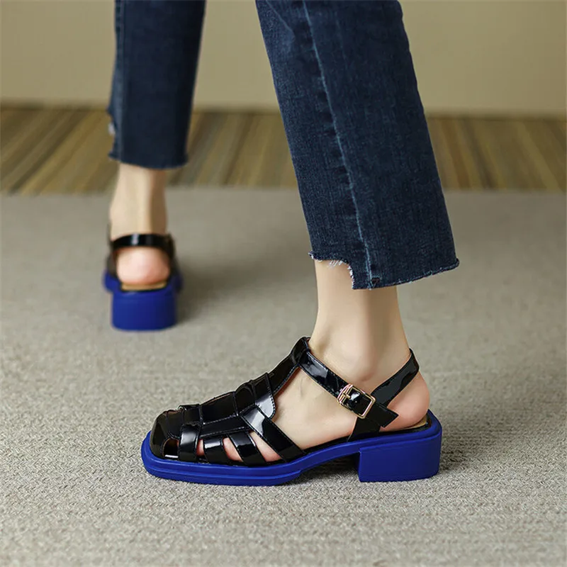 Women Summer Sandals Patent Leather Roman Sandals Casual Buckle Strap Summer Shoes GLADIATOR Chunky Heel Women Shoes Sandalias